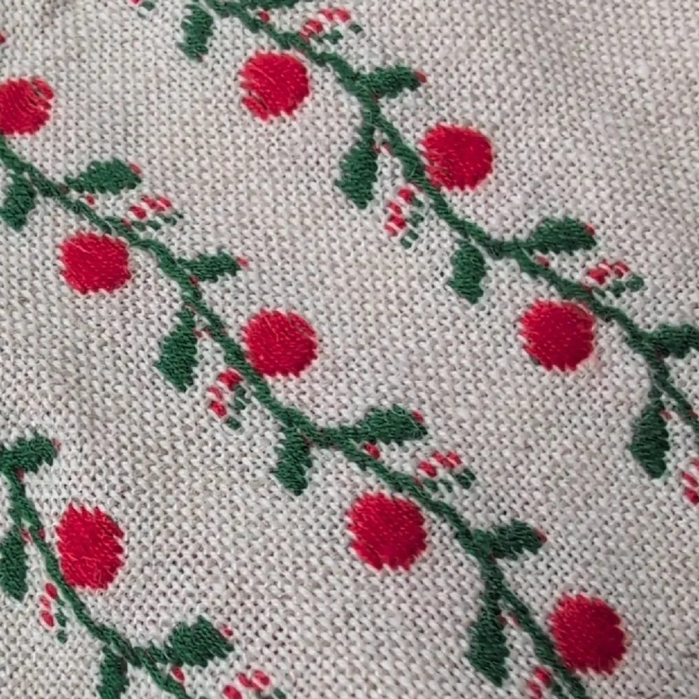 Farmhouse Scandinavian Table Runner Linen-Like Red Green Floral Vines Embroidery